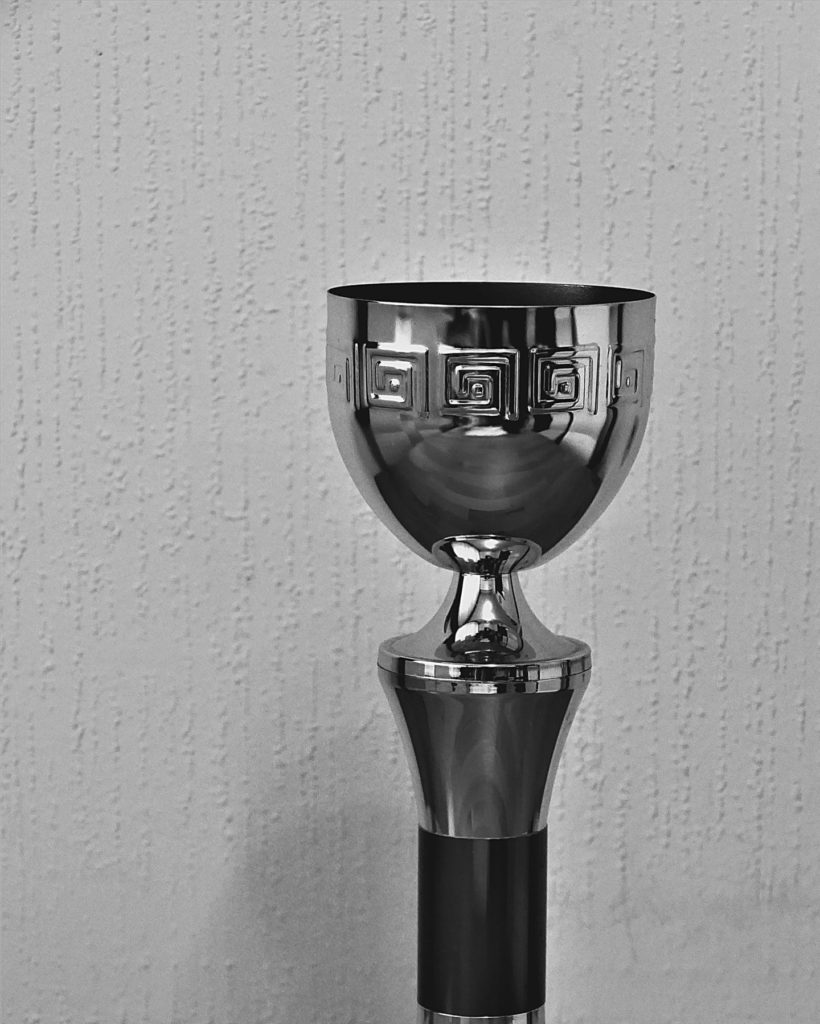 Black and white photo of a trophy