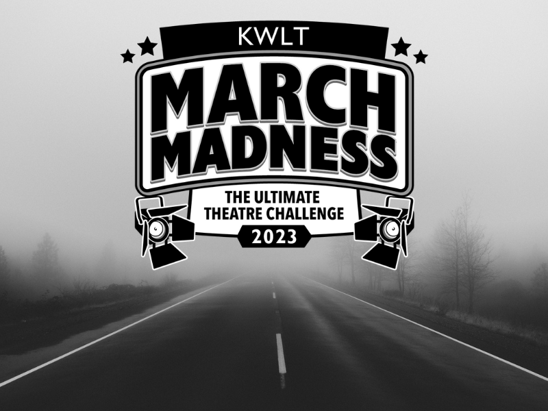 KWLT's March Madness logo against a background of a misty highway